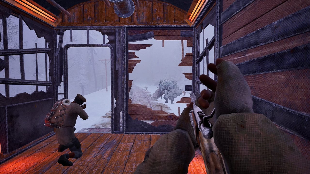 First-person Frostrail combat from a wrecked train car as a teammate fires at creatures on the tracks