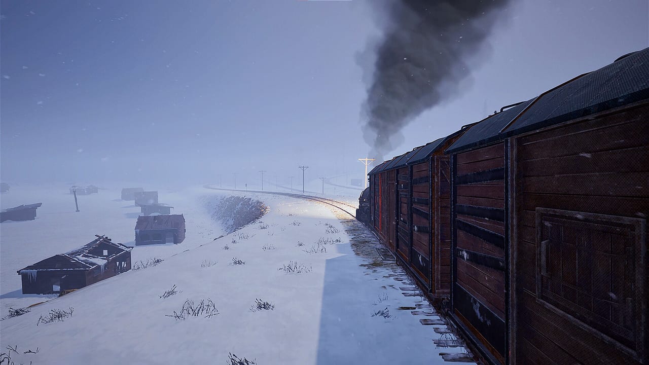 Frostrail steam train rolling past ruined snow-covered cabins on a frozen tundra